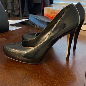 Black patent almond toe heels